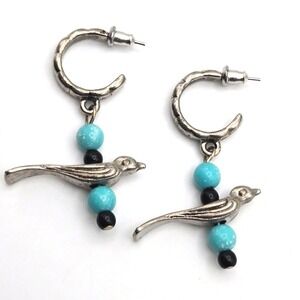 Vintage Silvertone Post Hoops Birds and Blue Beads Drop Dangle Earrings